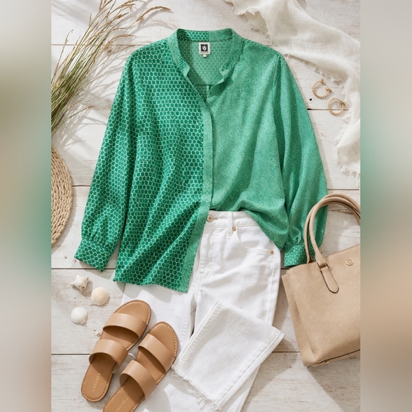 Anne Klein Tops - Anne Klein 2X Green Mixed Print Button Front Blouse Tunic Long Sleeve